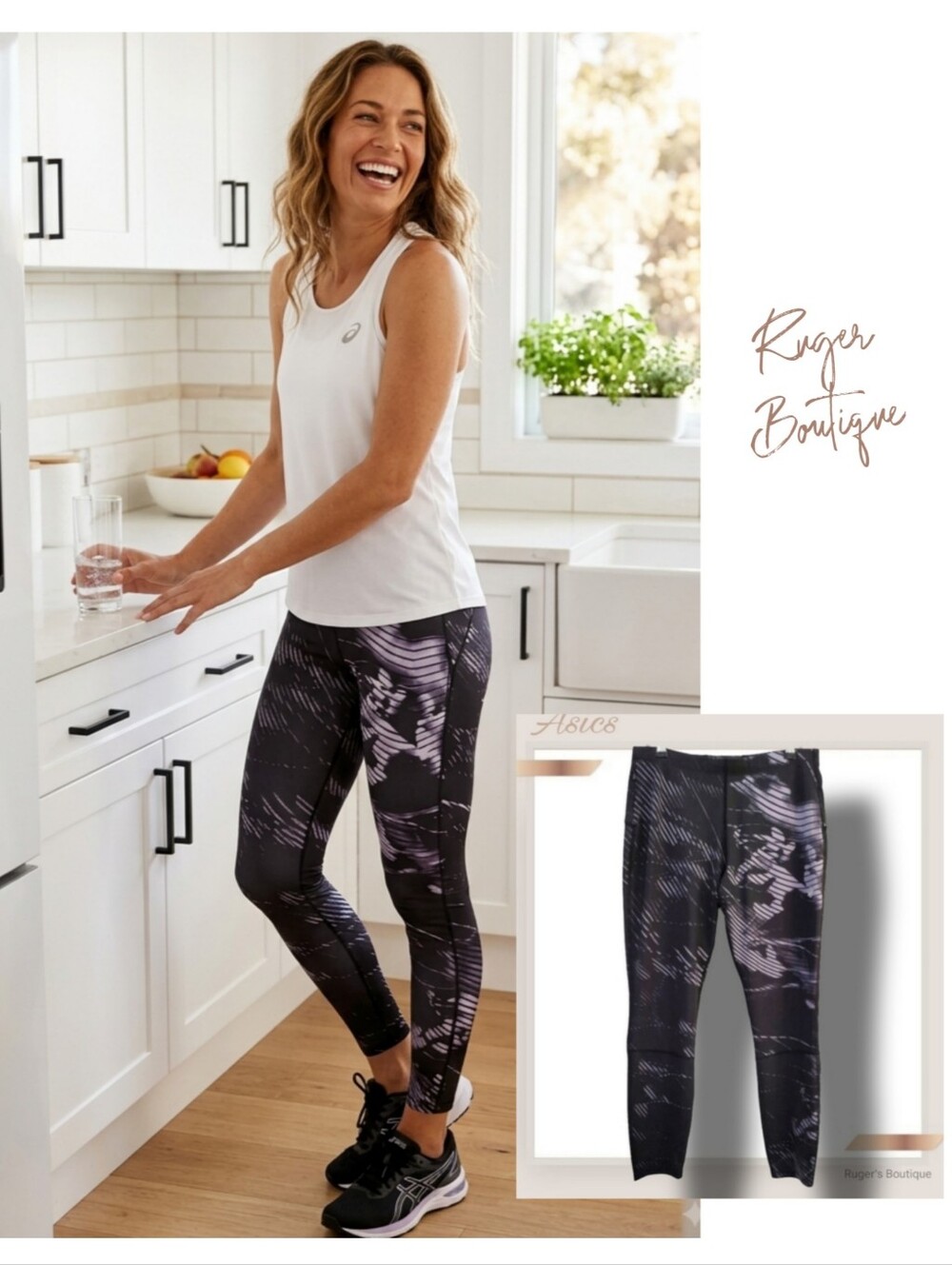 🌿Asics Women's Size Medium Gray & Black Pattern Athletic Leggings